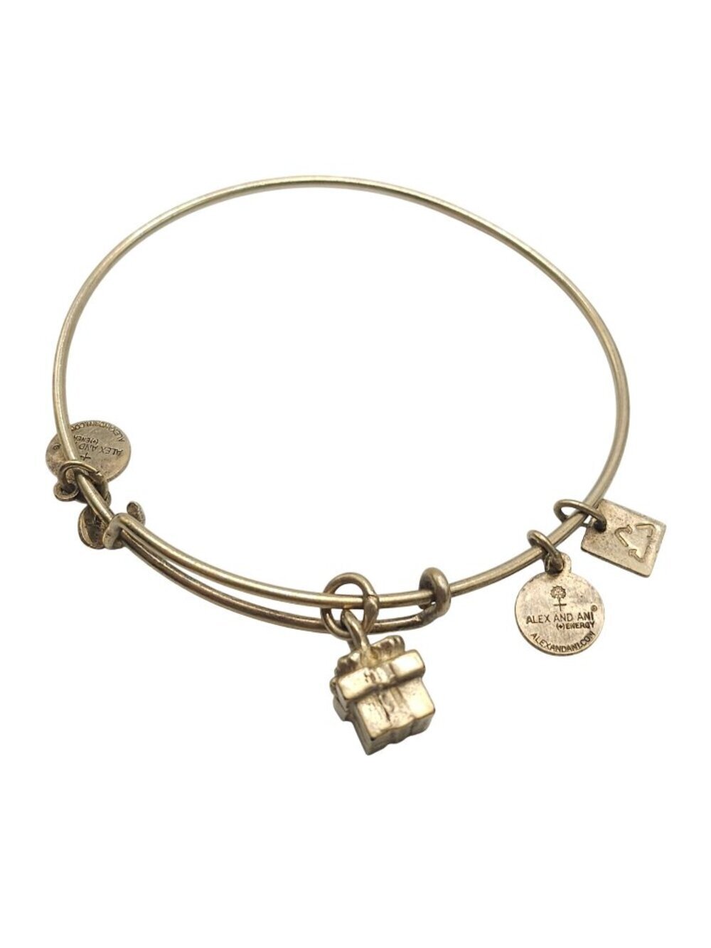 Alex And Ani Gold-Tone Gift Box Charm Bangle Bracelet Adjustable Womens Jewelry